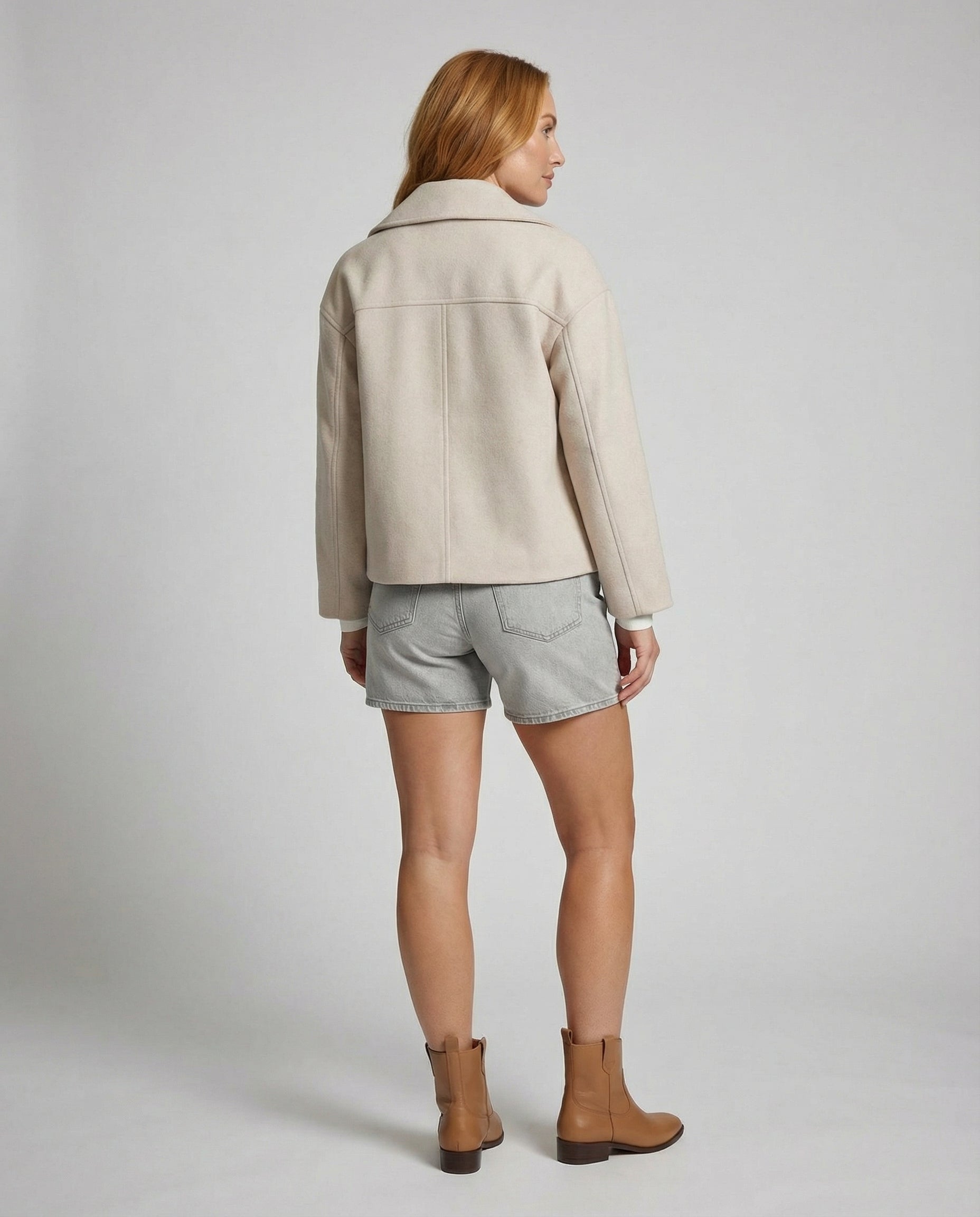 Notched Collar Double-Breasted Cropped Peacoat For Women