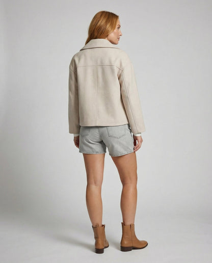 Notched Collar Double-Breasted Cropped Peacoat For Women