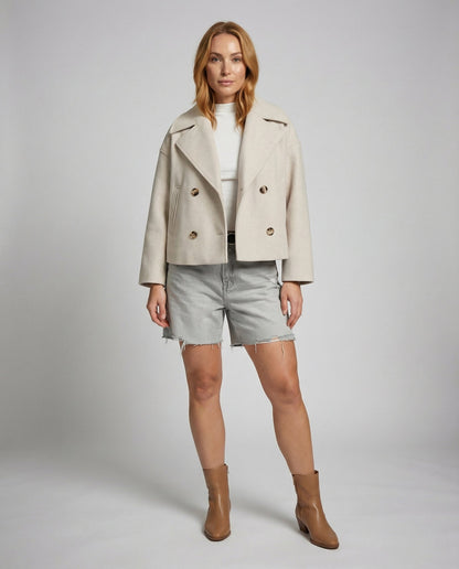 Notched Collar Double-Breasted Cropped Peacoat For Women