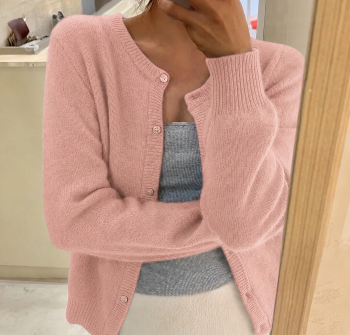 Round Neck Button Front Fluffy Knit Cardigan