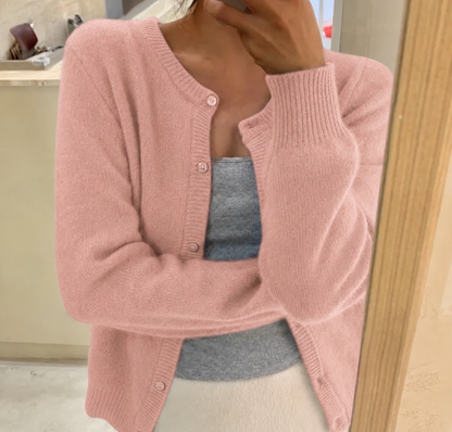 Round Neck Button Front Fluffy Knit Cardigan