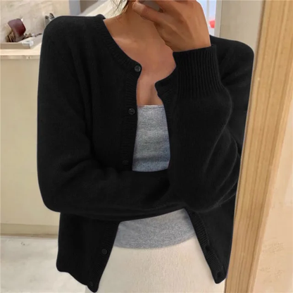 Round Neck Button Front Fluffy Knit Cardigan