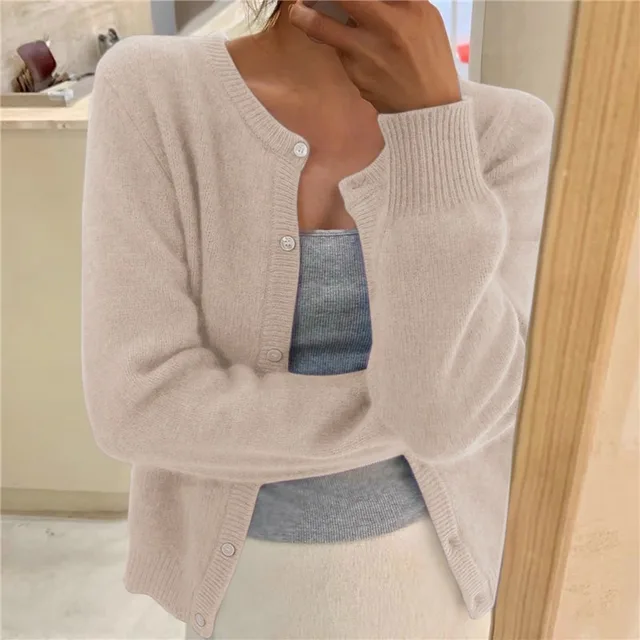 Round Neck Button Front Fluffy Knit Cardigan