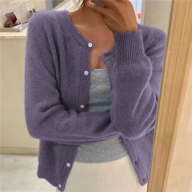 Round Neck Button Front Fluffy Knit Cardigan