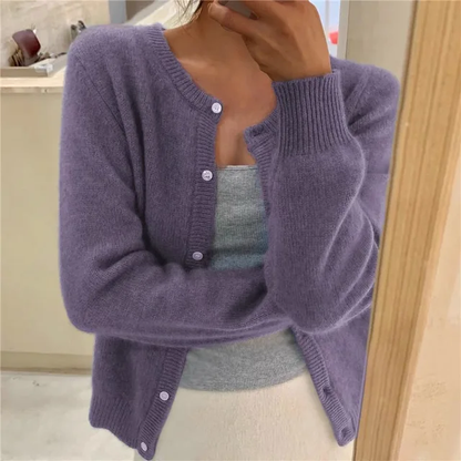 Round Neck Button Front Fluffy Knit Cardigan