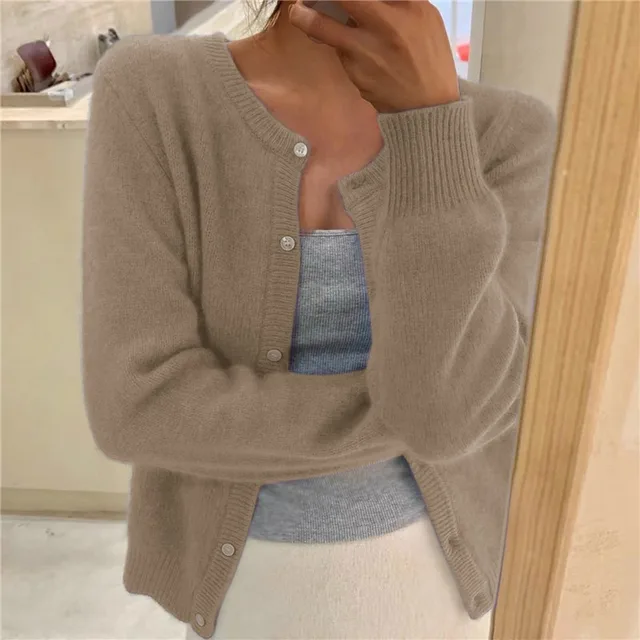 Round Neck Button Front Fluffy Knit Cardigan
