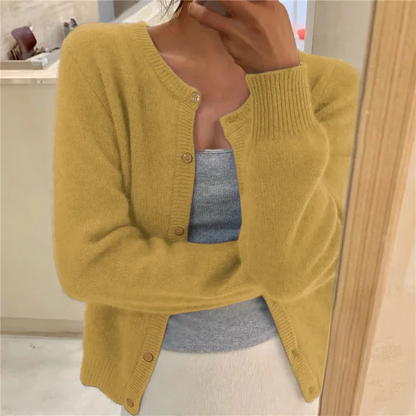Round Neck Button Front Fluffy Knit Cardigan
