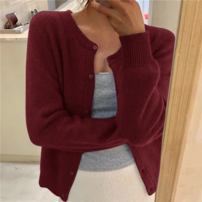 Round Neck Button Front Fluffy Knit Cardigan
