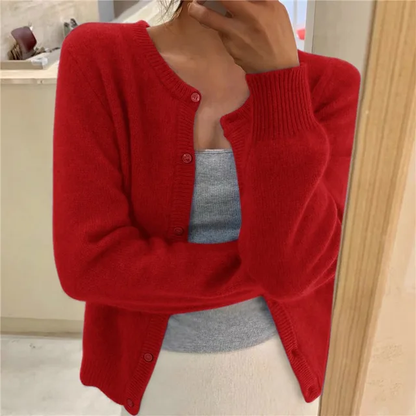 Round Neck Button Front Fluffy Knit Cardigan