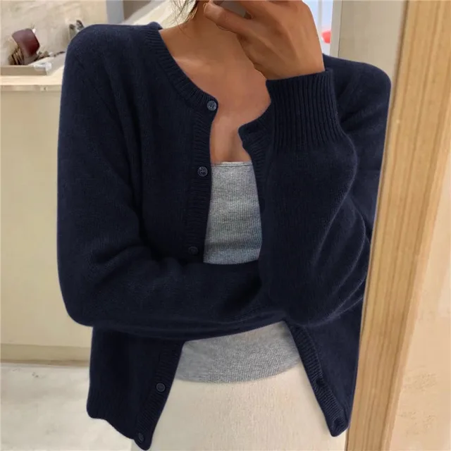 Round Neck Button Front Fluffy Knit Cardigan