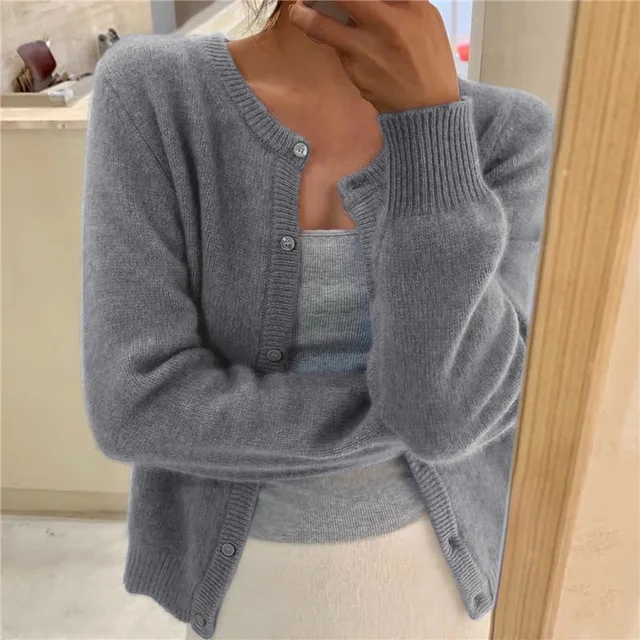Round Neck Button Front Fluffy Knit Cardigan