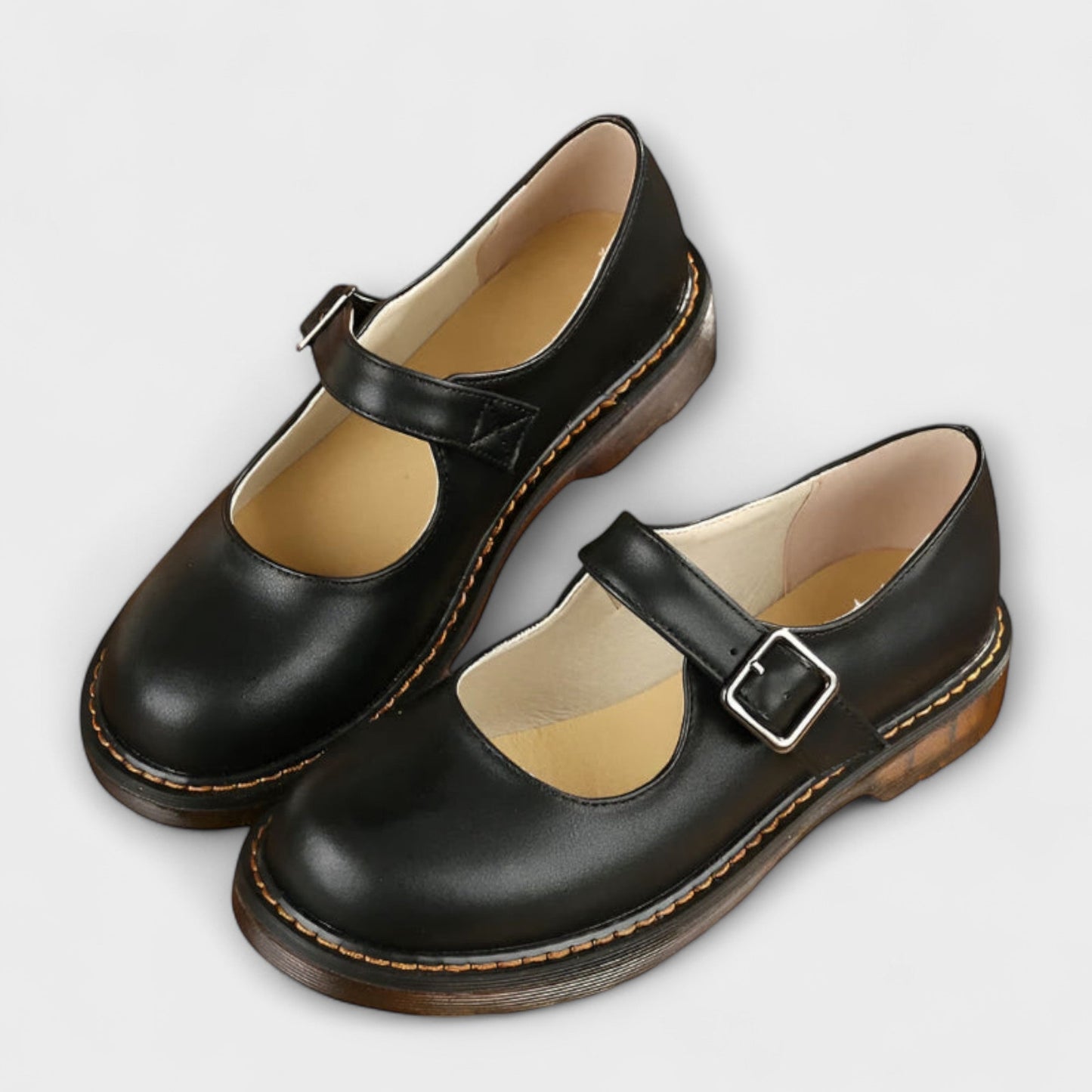 Rounded Low Heel Buckled Strapped Shoes