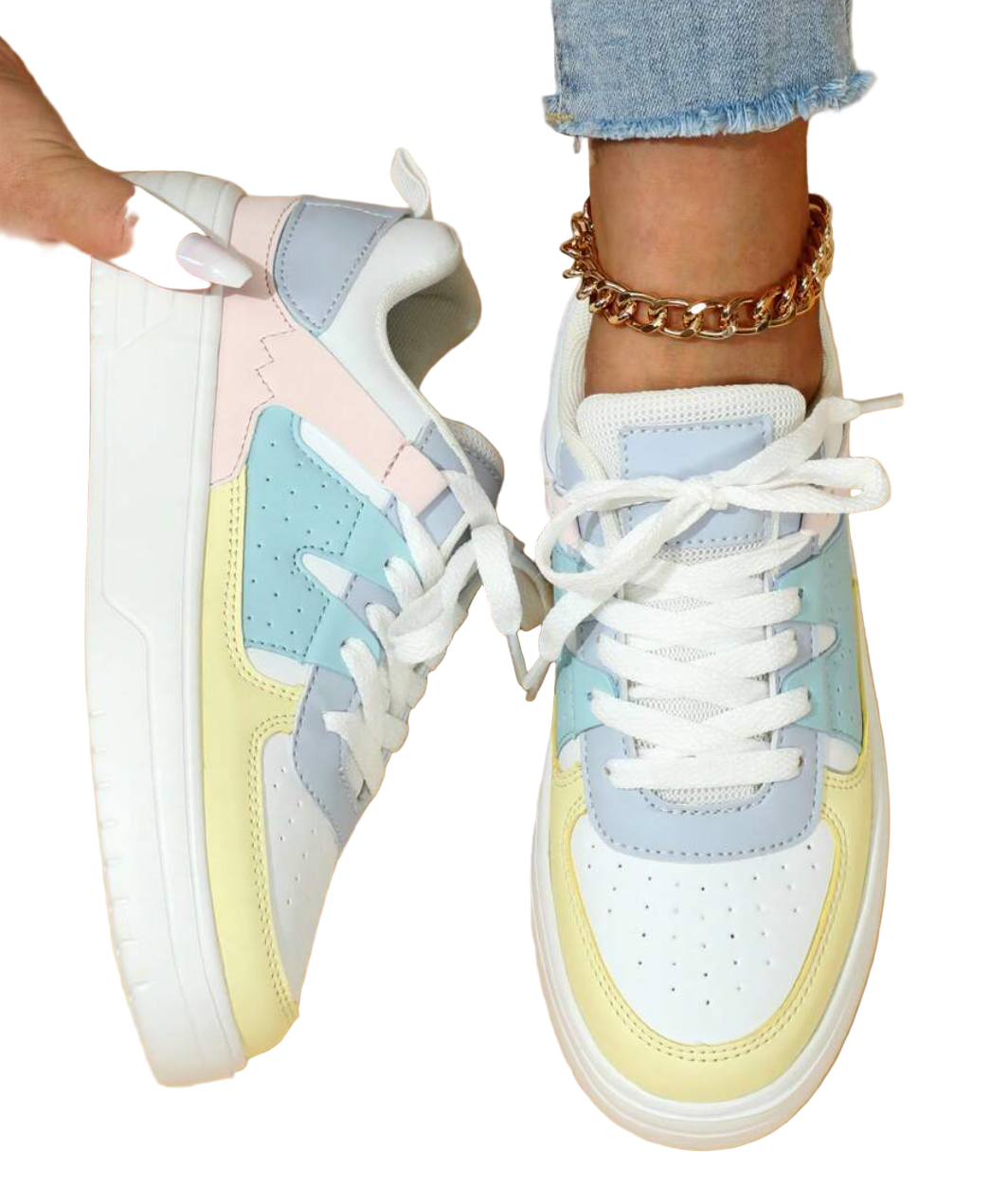 Lace Up Thick Sole Perforated Panel Sneakers