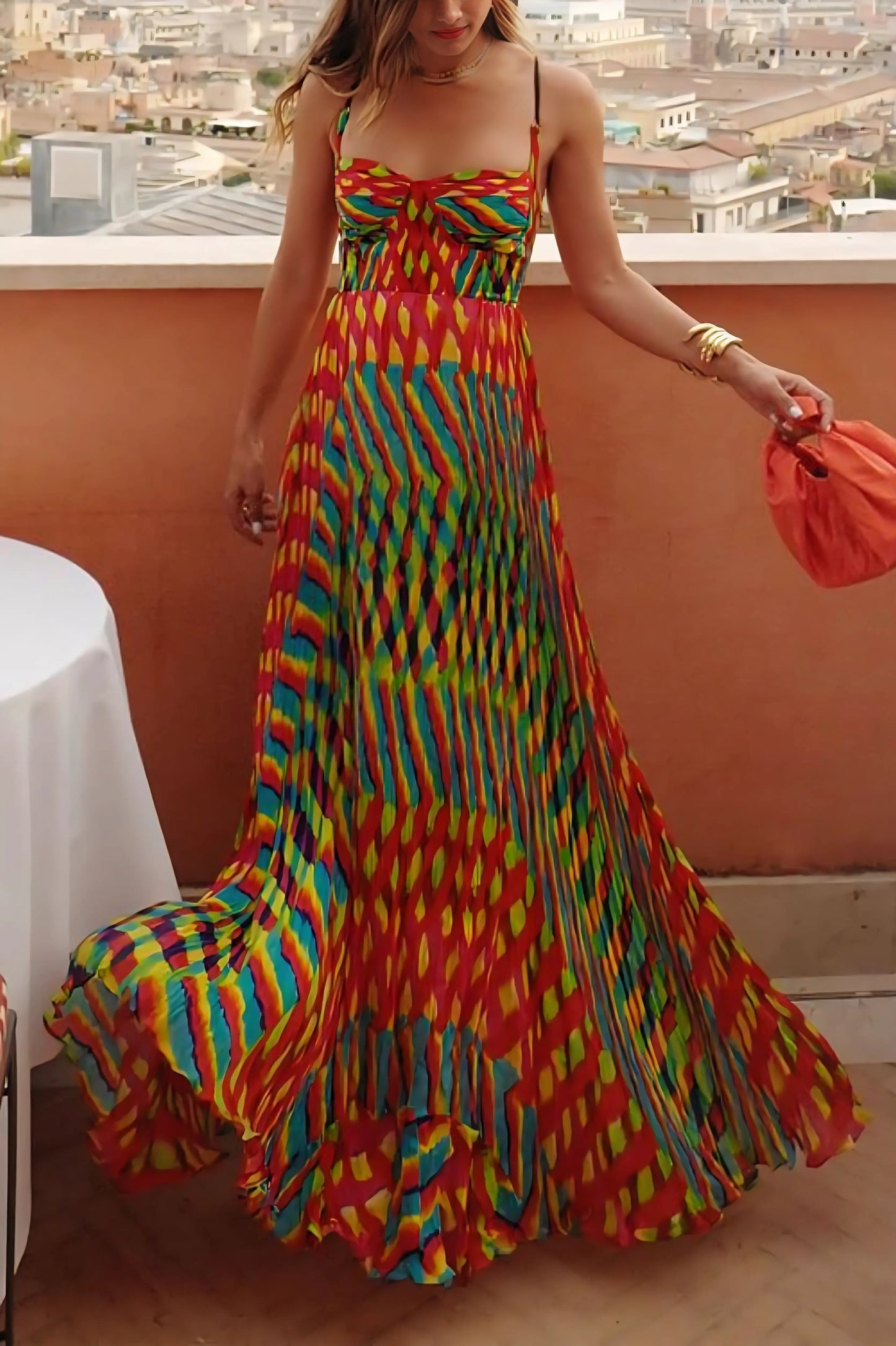Spaghetti Strap Patterned Pleated Maxi Dress