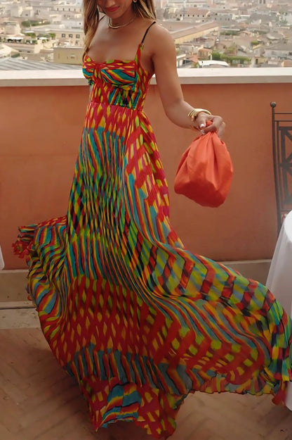 Spaghetti Strap Patterned Pleated Maxi Dress