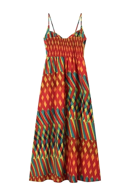 Spaghetti Strap Patterned Pleated Maxi Dress
