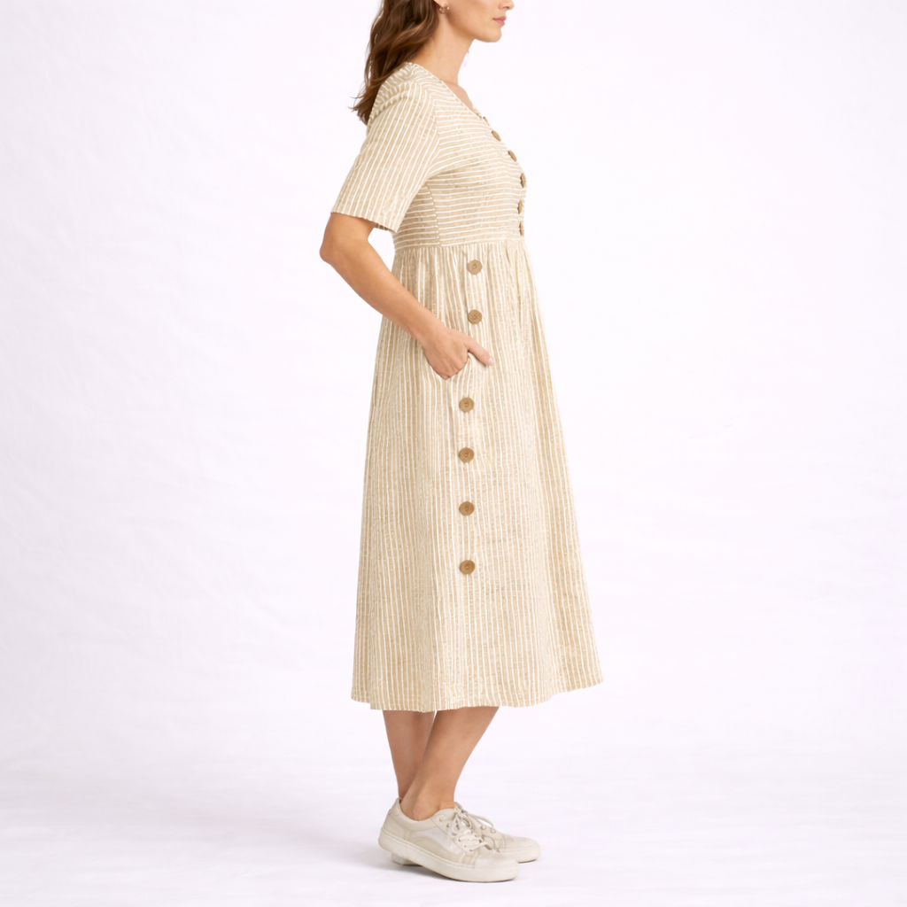 Scoop Neck Short Sleeve Fit and Flare Striped Midi Dress with Pockets