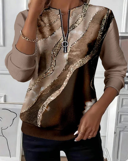Women's Zip Front Long Sleeve Abstract Print Sweatshirt