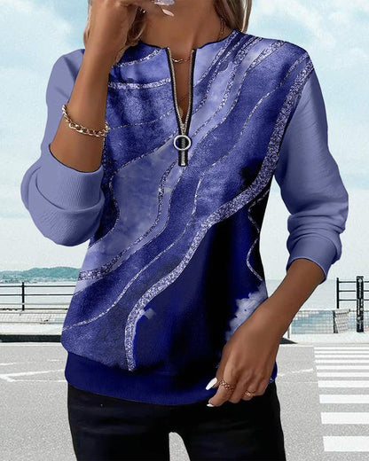 Women's Zip Front Long Sleeve Abstract Print Sweatshirt