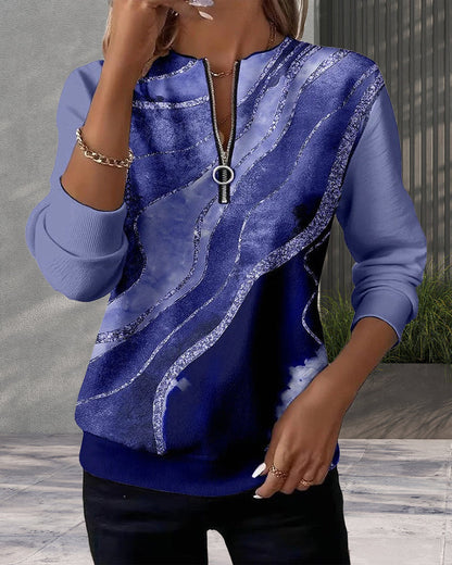 Women's Zip Front Long Sleeve Abstract Print Sweatshirt