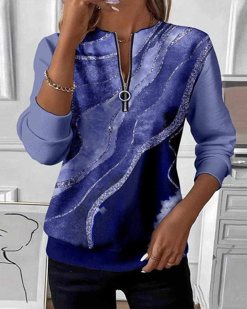 Women's Zip Front Long Sleeve Abstract Print Sweatshirt