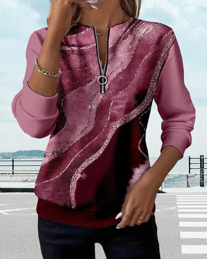 Women's Zip Front Long Sleeve Abstract Print Sweatshirt