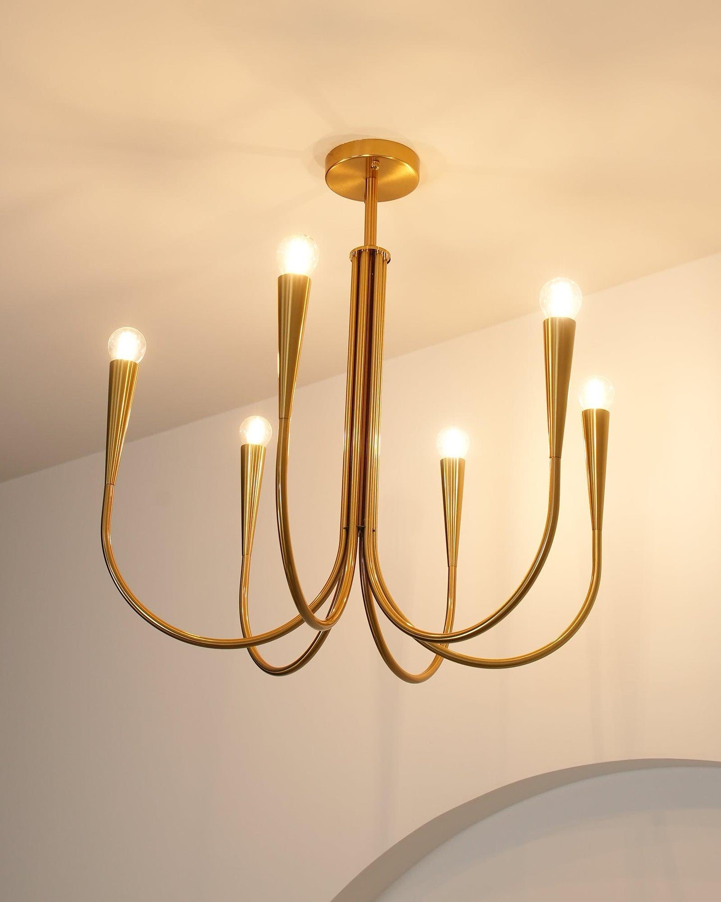 Brass Candle Style Chandelier with Curved Arms
