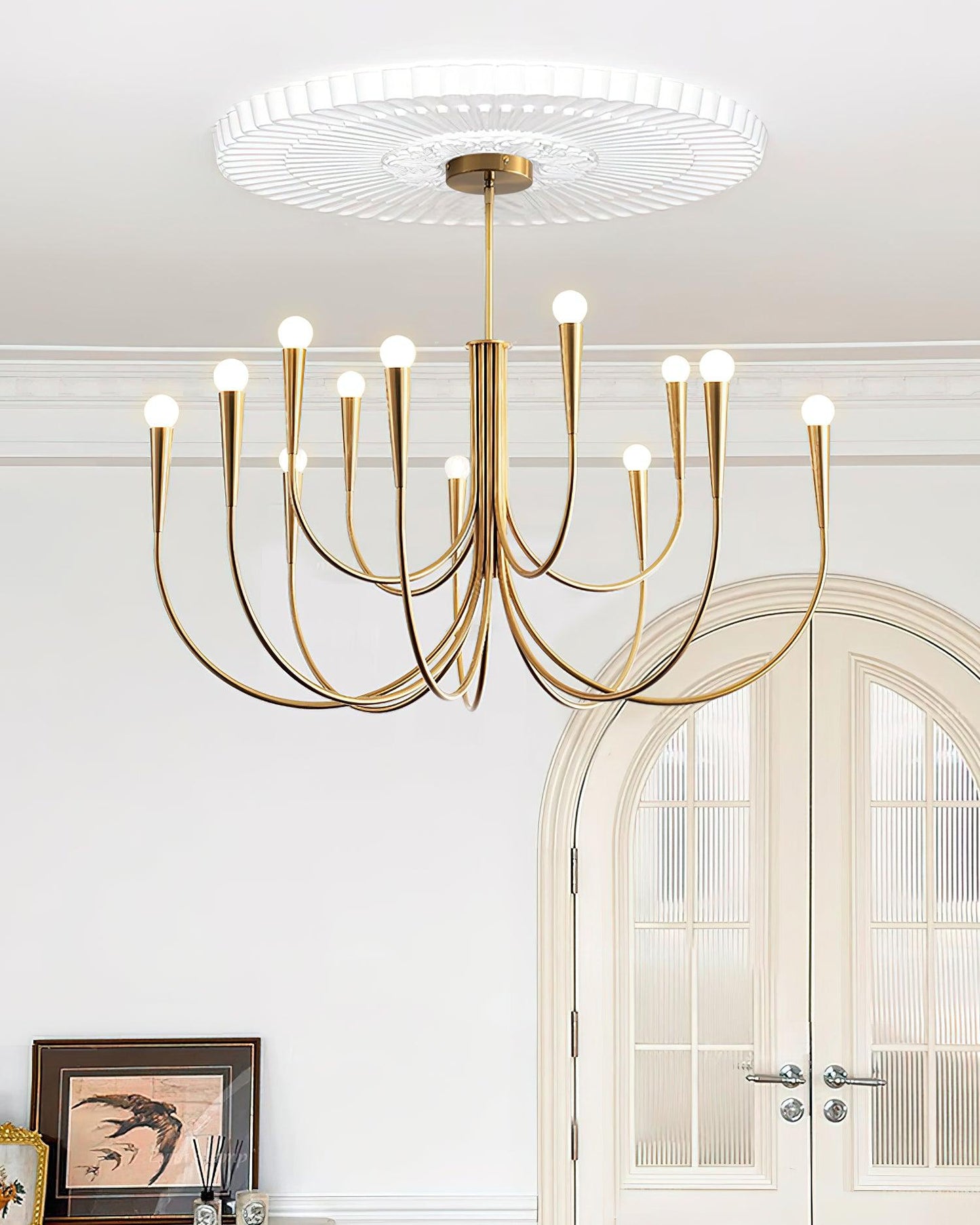 Brass Candle Style Chandelier with Curved Arms