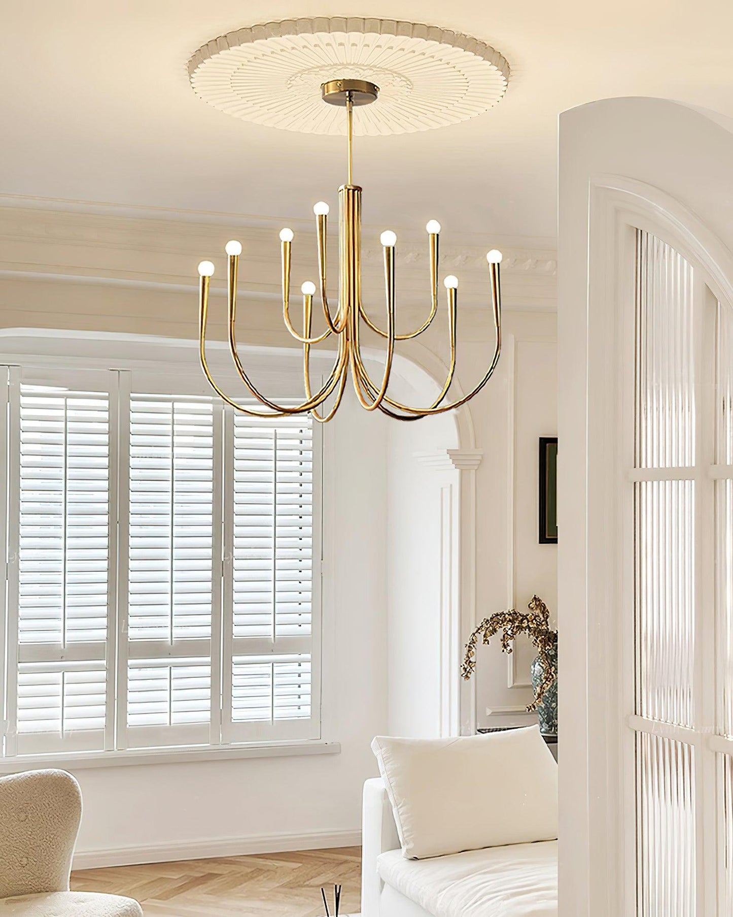 Brass Candle Style Chandelier with Curved Arms