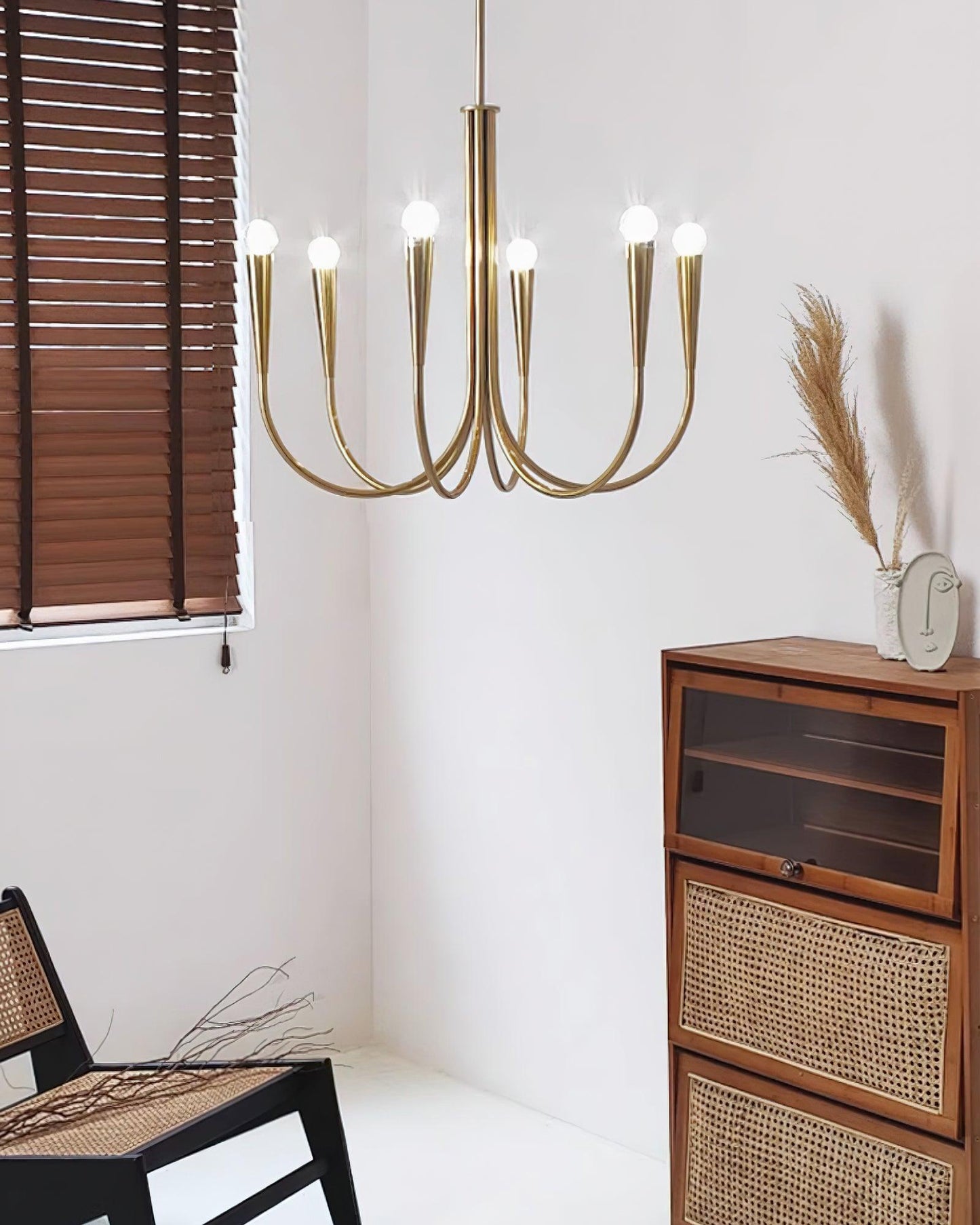 Brass Candle Style Chandelier with Curved Arms