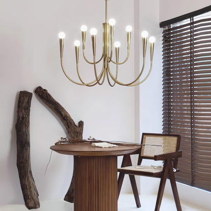 Brass Candle Style Chandelier with Curved Arms