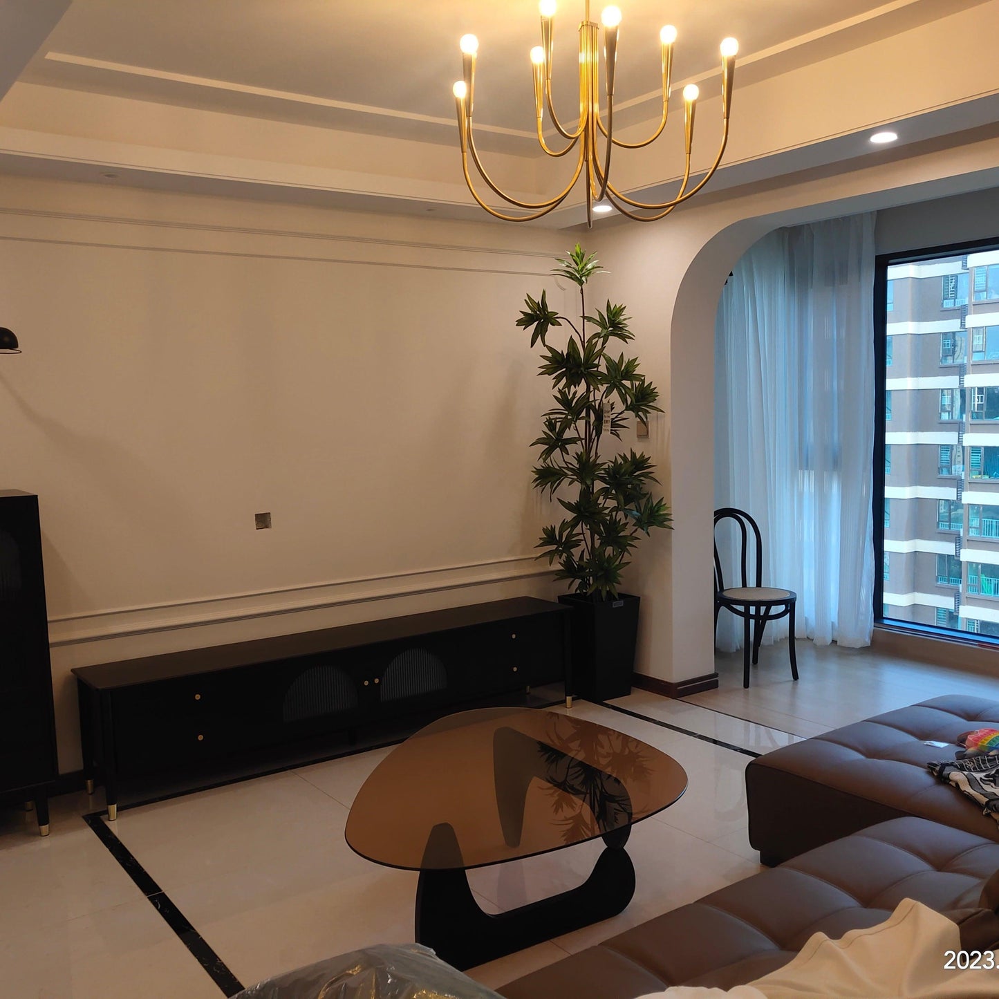 Brass Candle Style Chandelier with Curved Arms