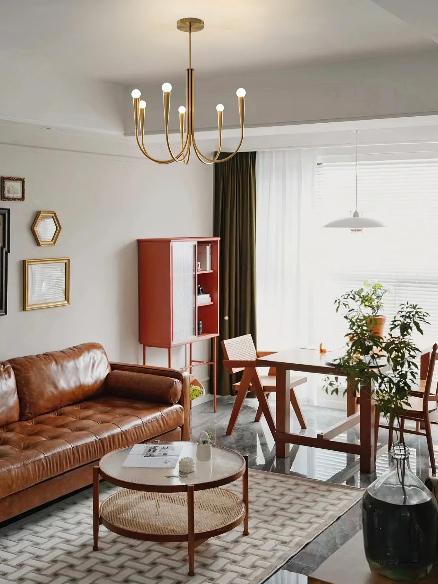 Brass Candle Style Chandelier with Curved Arms