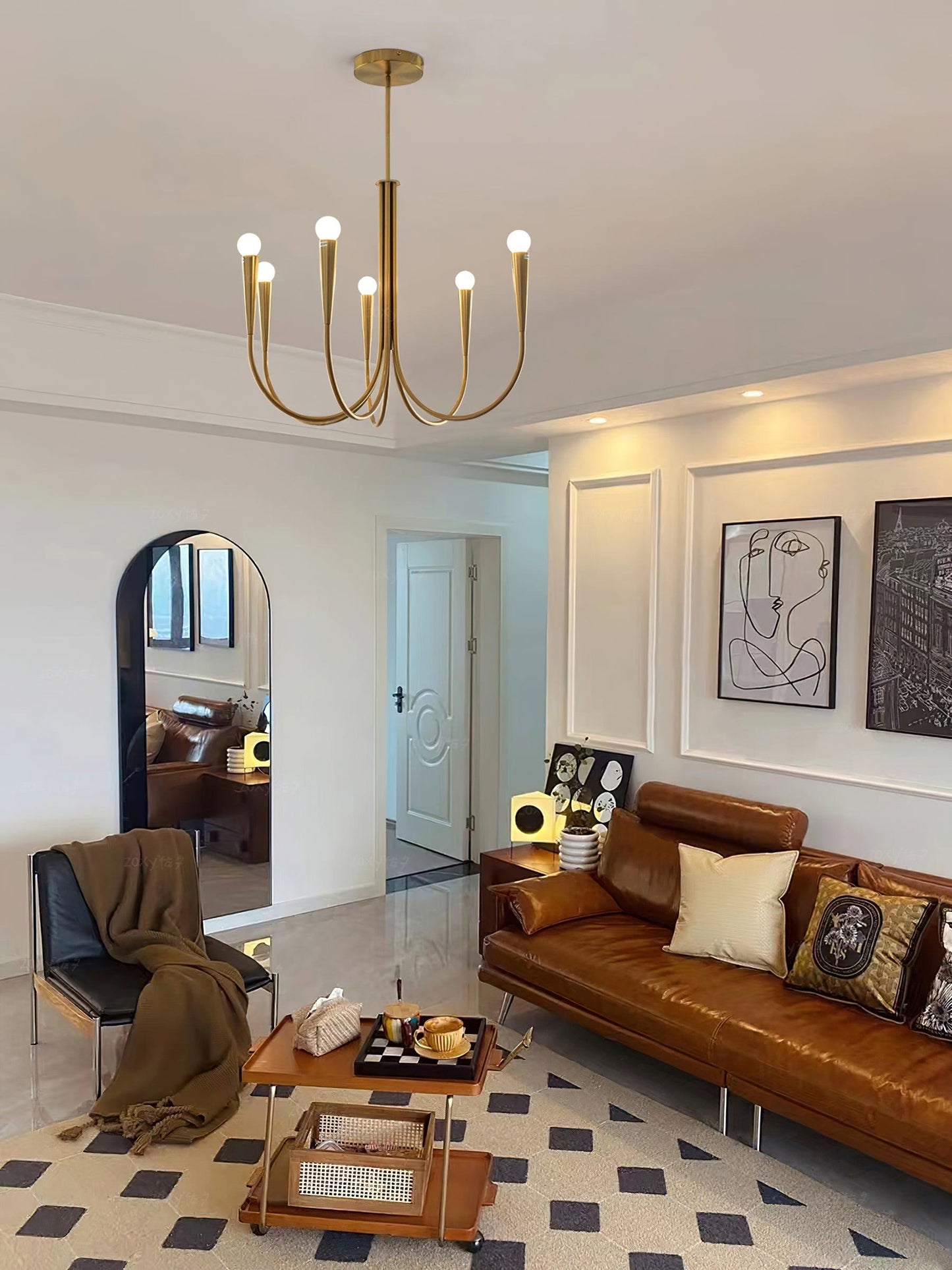 Brass Candle Style Chandelier with Curved Arms