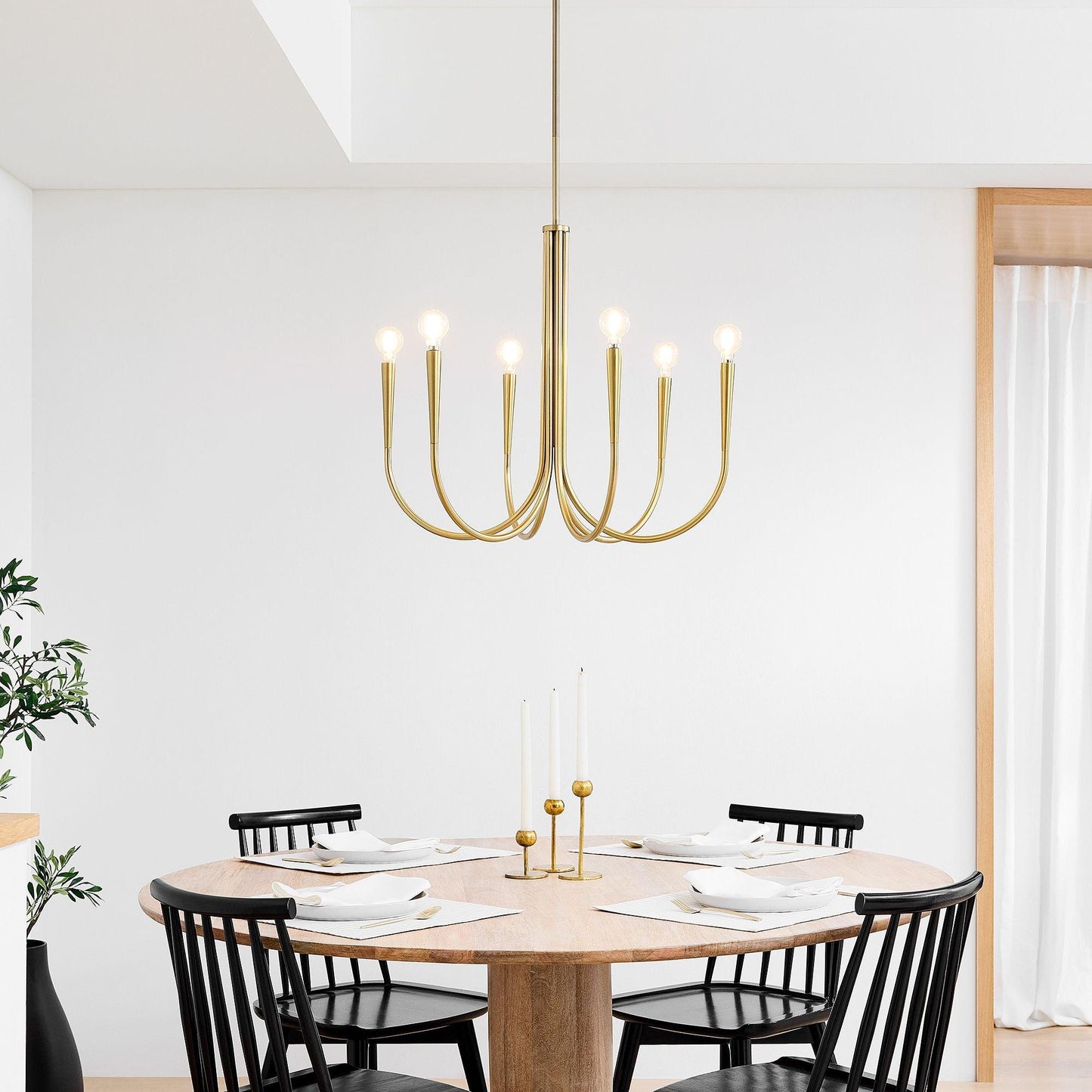 Brass Candle Style Chandelier with Curved Arms