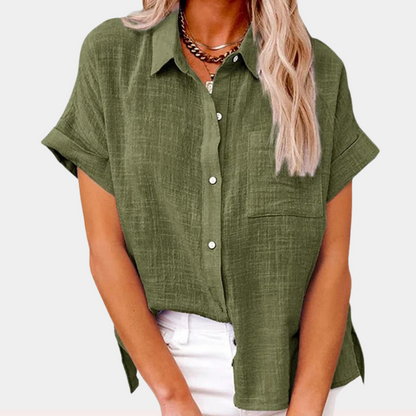 Textured Point Collar Pocket Front Blouse