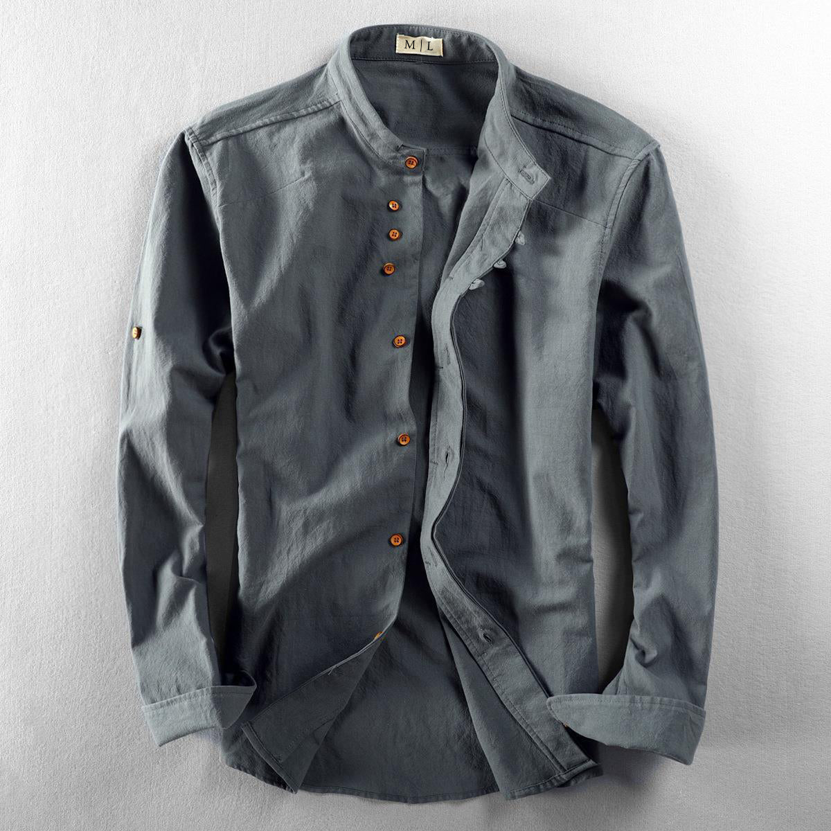 Band Collar Button Up Long Sleeve Shirt