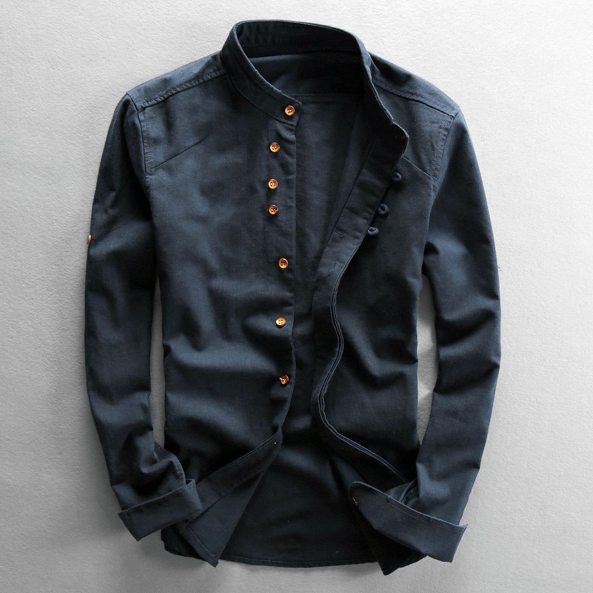 Band Collar Button Up Long Sleeve Shirt