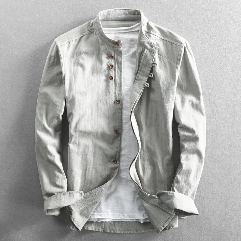 Band Collar Button Up Long Sleeve Shirt