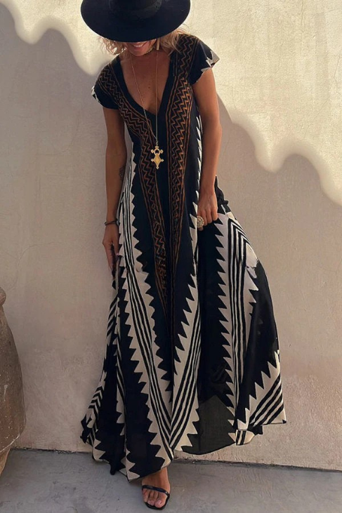 Deep Neckline Flared Hemline A-Line Dress