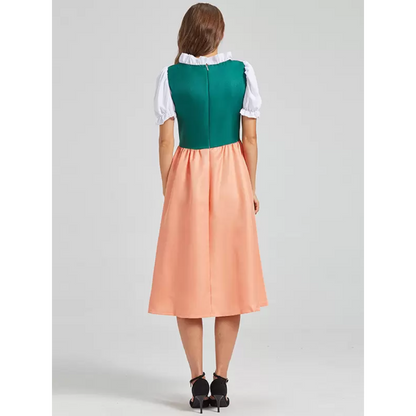 Women's Lace-Up Puff Sleeve Floral Embroidered Midi Dirndl Dress