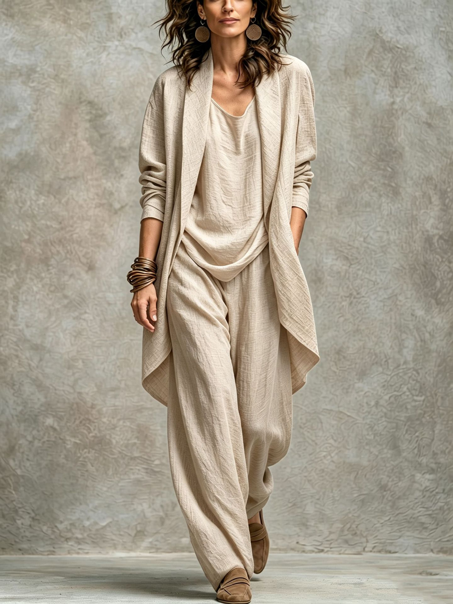 Women's Draped Open Front Duster Jacket, Cami Top & Wide Leg Pants Set