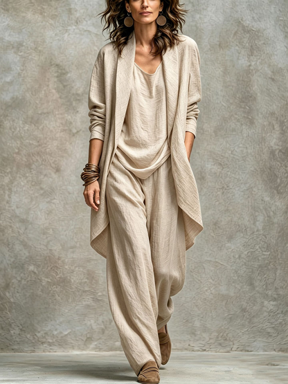 Women's Draped Open Front Duster Jacket, Cami Top & Wide Leg Pants Set