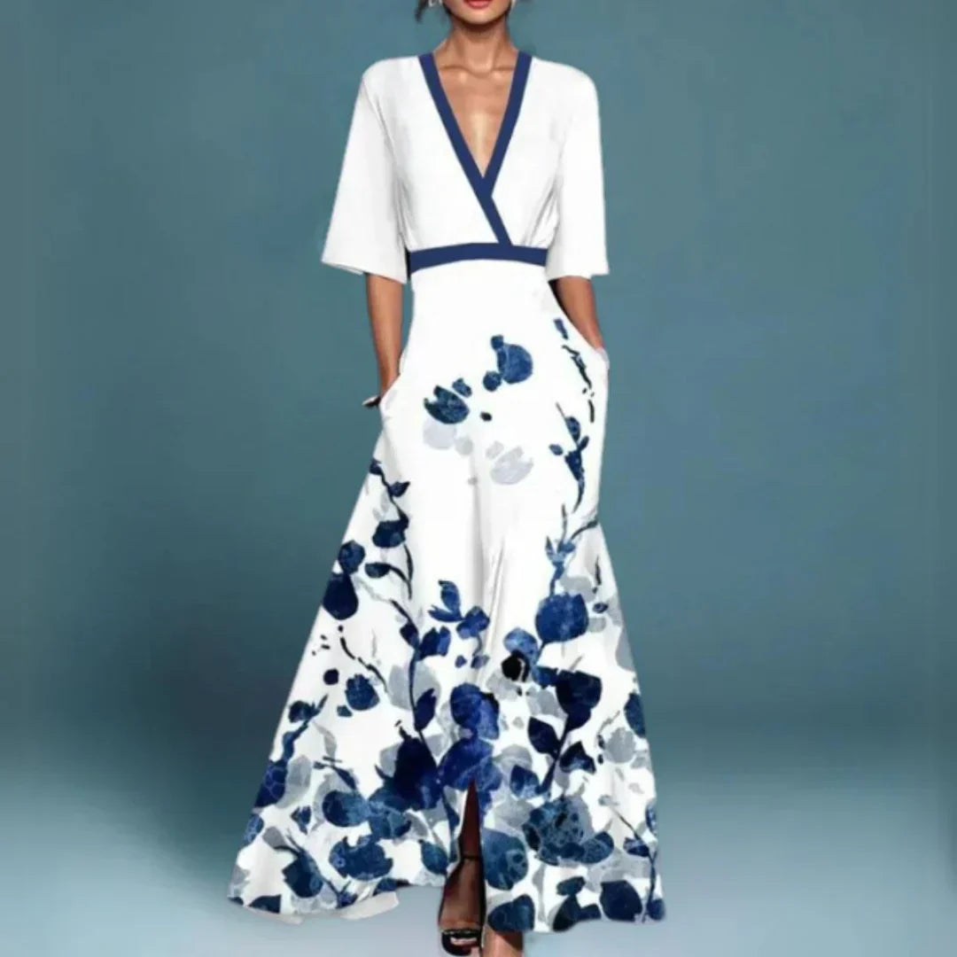 Wrapped Waist V Neck Floral Maxi Dress