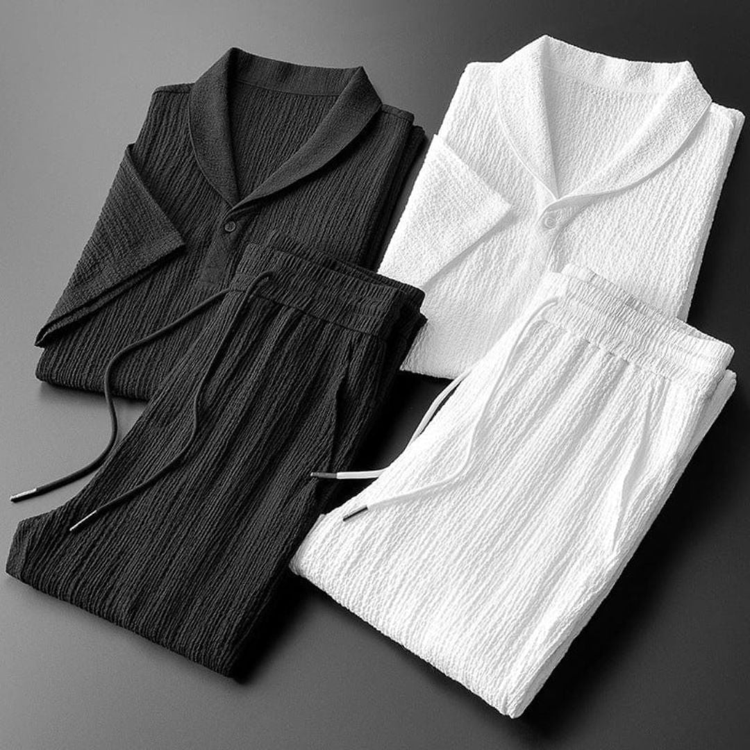 Textured Notched Loose Top and Drawstring Pocketed Straight Trouser Set