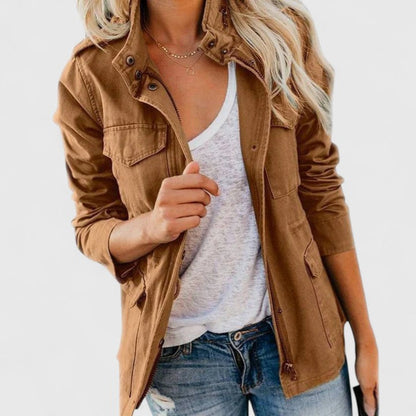 Collared Zippered Pocketed Gathered Cuffed Long Jacket