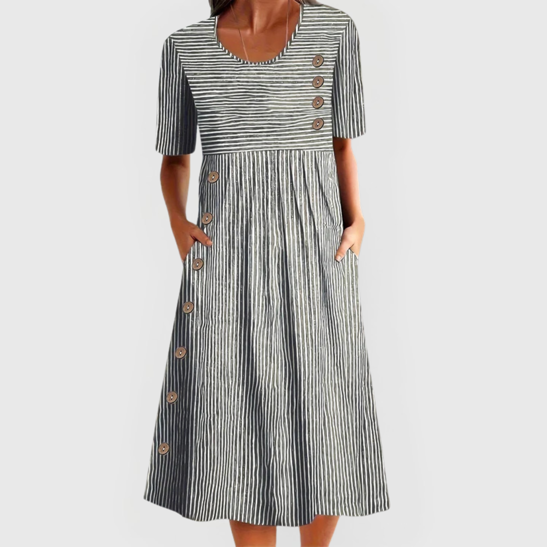 Short Sleeve Scoop Neck Striped Button Accent Dress Midi