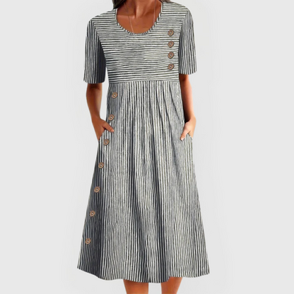 Short Sleeve Scoop Neck Striped Button Accent Dress Midi