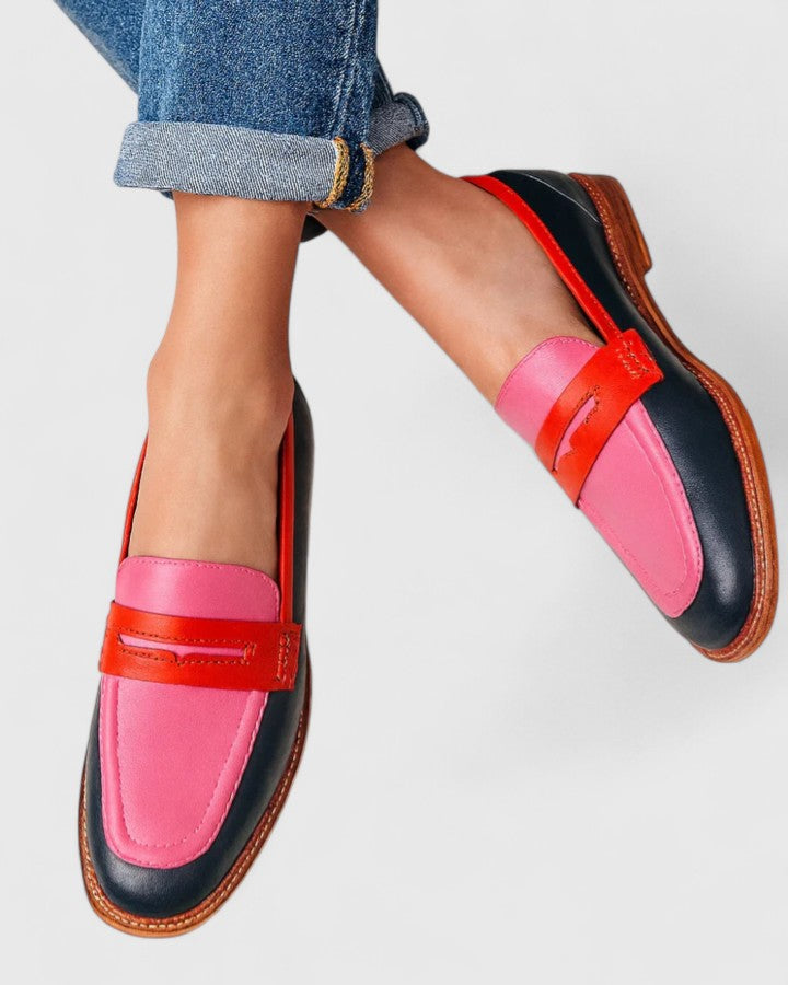 Round Toe Penny Strap Stitched Low Heel Loafers
