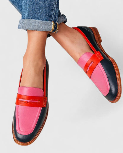 Round Toe Penny Strap Stitched Low Heel Loafers